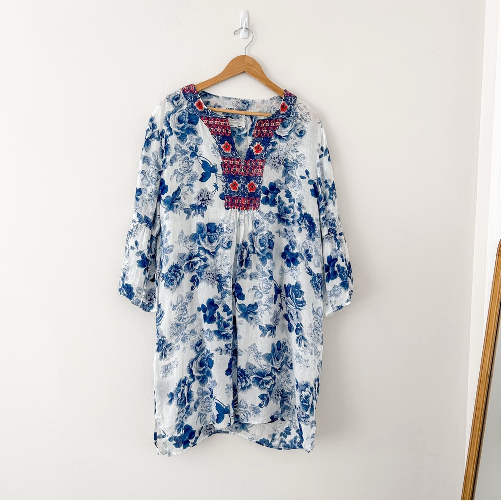 Johnny Was Workshop Blue Floral Printed Linen Tunic Dress
